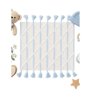 Handmade Cream Blue Knit Baby Blanket Tassel Edge 40x40 Nursery Throw Gift NWOT